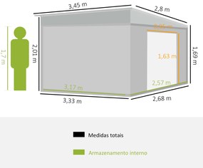 Abrigo de Jardim 8,9 m² 280x345x201 cm Abrigo de Exterior de Aço para Armazenamento com Portas e 2 Janelas Cinza