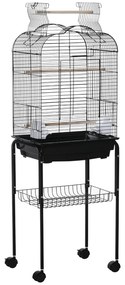 PawHut Gaiola para Passáros com Suporte Gaiola com 4 Rodas Teto com Abertura 2 Comedouros 3 Poleiros Bandeja Removível e Prateleira Inferior 46x36x130cm Preto