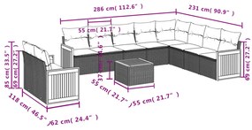 11 pcs conjunto sofás de jardim c/ almofadões vime PE bege