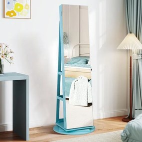 Armário joias giratório com Espelho de corpo inteiro 360° com luzes LED Prateleiras de armazenamento 54,5 x 161 cm Azul