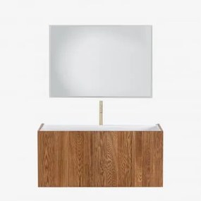 Conjunto De Móvel De Casa De Banho Suspenso 120x50 Cm Em Madeira Com Lavatório Integrado Fiore Castanho Fresno & Led Retangular - Sklum