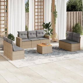 8 pcs conj. sofás jardim c/ almofadões vime PE bege misturado