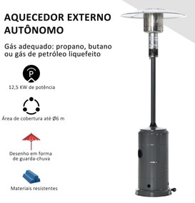 Aquecedor a Gás para Exterior – Ø81,5x225 cm | 12,5KW, Tipo Guarda-Sol