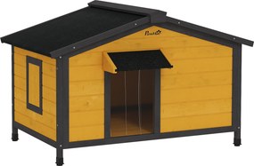 Casota para Cães de Madeira Casa para Animais de Estimação com Teto Asfáltico 2 Janelas Porta com Cortina 97x72x65 cm Madeira