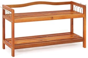Sapateira de 2 níveis para sapatos 74 x 26 x 42 cm em madeira de acácia com 4 ganchos metálicos laterais Castanho
