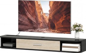 Móvel de TV suspenso de 120 (L) x 26 (P) x 16 (A) cm, para televisores até 50 polegadas, com porta rebatível, 2 prateleiras abertas preto e cor carval