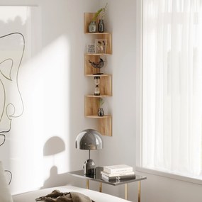 Estante de canto de parede para arrumação, em forma de ziguezague, 20 L x 20 L x 126 A cm, 5 prateleiras, madeira de carvalho claro