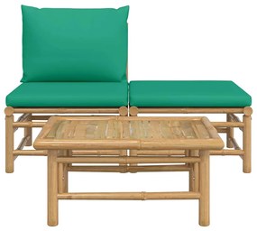 3 pcs conjunto lounge de jardim bambu c/ almofadões verdes