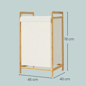 Cesto de roupa suja com tampa 45 x 40 x 78 cm, 2 compartimentos; cesto de roupa suja com estrutura de bambu, saco de roupa suja removível Creme