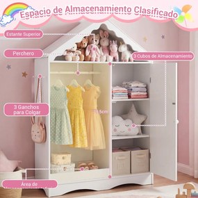 Guarda Roupa infantil 85,5 x 30 x 121 cm com telhado e espelho, com barra para pendurar prateleiras e ganchos, para quarto, sala de jogos, branco