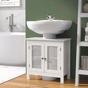 Armário para lavatório (Não incluído) com 2 portas de rattan com recorte em U 60 x 30 x 60 cm Branco