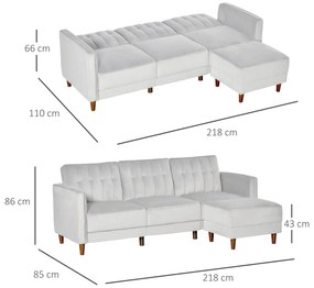 Sofá Cama com Chaise Longue de 3 Lugares Tato Aveludado com Encosto Ajustável e Apoio para os Pés Móvel 218x85x86cm Cinza Claro