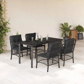 5 pcs conjunto de jantar p/ jardim c/ almofadões vime PE preto