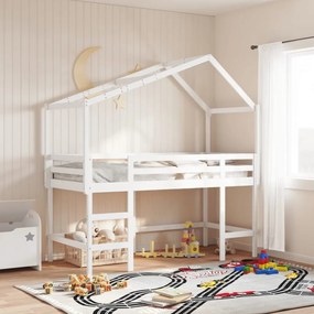 vidaXL Cama alta c/ escada e telhado 90x190 cm pinho maciço branco