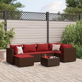 7 pcs conjunto lounge de jardim c/ almofadões vime PE castanho