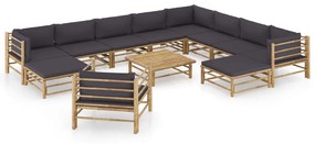 vidaXL 12 pcs conj. lounge jardim em bambu c/ almofadões cinza-escuro