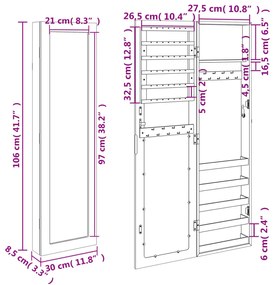 Móvel para joias de parede espelhado 30x8,5x106 cm branco