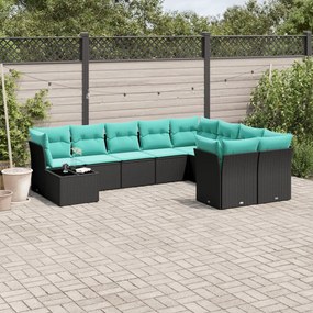 vidaXL 10 pcs conjunto de sofás p/ jardim c/ almofadões vime PE preto