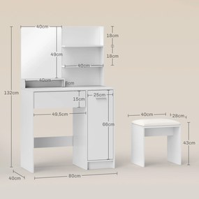 Conjunto de Toucador com Espelho e Banco, 80 x 40 x 132 cm, Grande Espaço de Arrumação, Branco