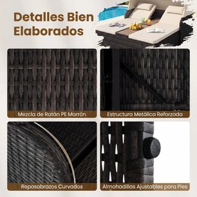 Cama de rattan jardim dupla com toldo retrátil 203 x 159 x 141 cm, encostos ajustáveis e mesa central com porta-copos para jardim, piscina e terraço c