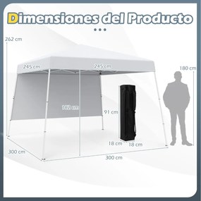 Tenda 300 x 300 cm Pop Up Dobrável com 1 Parede Lateral Com Saco, jardim, campismo, feiras, eventos com Estrutura Metálica Branca