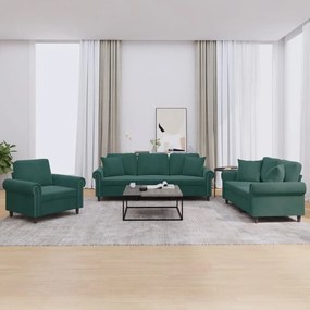 3 pcs conjunto de sofás com almofadas veludo verde-escuro