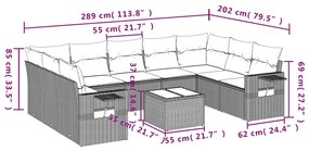 10 pcs conj. sofás jardim com almofadões vime PE cinzento-claro