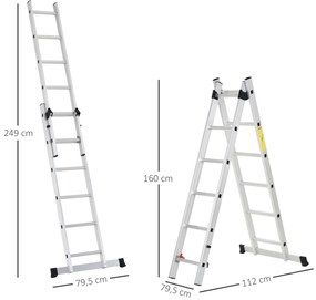 Escada dobrável de alumínio portátil 2 maneiras de usar o trilho de articulação 150kg de prata