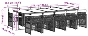 11 pcs conjunto jantar p/ jardim c/ almofadões vime PE castanho