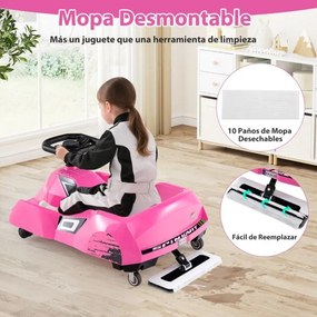 Kart elétrico para crianças 12V com esfregona removível, comando à distância de 3 velocidades, buzina, música, 79 x 46 x 37 cm, rosa