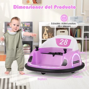 Carrinho de choque para crianças a bateria 6V com luzes LED, conexão sem fio, música e som, rotação de 360°, Rosa