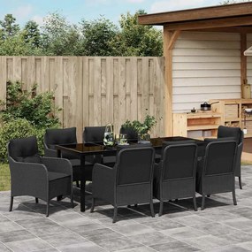 Conjunto de Jantar de Jardim com Almofadas Preto Rattan Poliéster