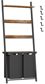 Passe o mouse sobre a imagem para ampliar VASAGLE Cesto de roupa suja, cesto de roupa suja de 2 seções com escada para cobertores, forros removíveis e removíveis, 2 prateleiras, 5 ganchos, 2 x 46L, 73 x 33 x 177 cm, marrom rústico e preto BLH221B01
