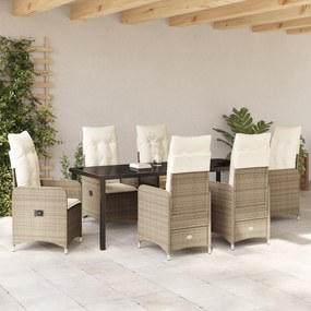 Conjunto de Jantar de Jardim de 7 Peças com Almofadas Bege em Vime Pol