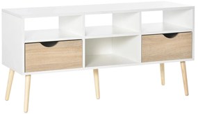 HOMCOM Móvel de TV com 2 Gavetas e 4 Compartimentos Pés de Madeira Dispositivo Anti Rolamento para Sala de Estar 117x39x57cm Branco e Madeira Natural
