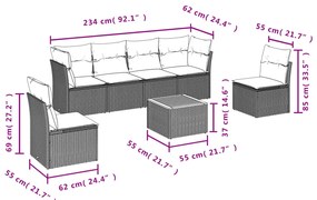 7 pcs conjunto sofás p/ jardim c/ almofadões vime PE cinzento