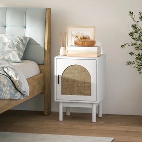 Mesa de Cabeceira com Porta de Vime Prateleira Ajustável e Pés de Madeira Estilo Boémio Mesa Auxiliar 40x35x58 cm Branco