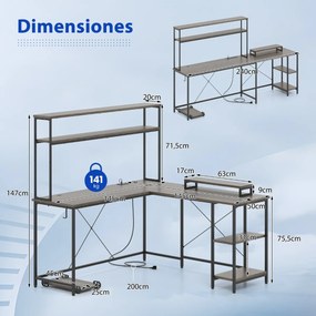 Secretária 145 x 145 x 147 cm em forma de L convertível com tomadas e portas USB e iluminação inteligente cinzento