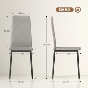 Conjunto de 4 Cadeiras de Sala de Jantar Estofadas em Couro Sintético (MESA NÃO INCLUÍDA) com Encosto Alto e Pés de Aço 41x50x97 cm Cinza