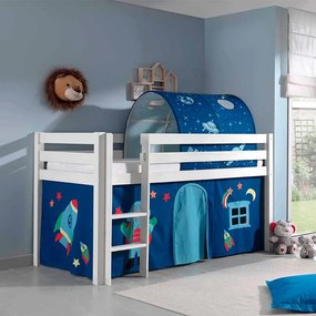 Conjunto Cama alta de Criança PINO 90 x 200 cm + estrado + escada + cortina + túnel Astronauta Branca