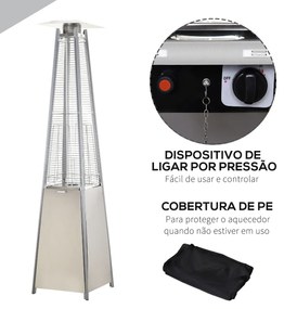 Aquecedor a Gás para Exterior Pirâmide 10,5KW Aquecedor de Exterior de Propano Aço Inoxidável com Funda Protetora Regulador Mangueira e Rodas