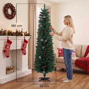 Árvore de Natal Estreita com 170 Luzes LED Bicolor, 180 cm, 351 Ramos Ignífugos, 11 Modos, 25 Pinhas, 25 Bagas Vermelhas, Comando, Verde