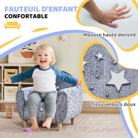 Poltrona infantil fosforescente com padrão de estrelas, tecido de veludo cinzento
