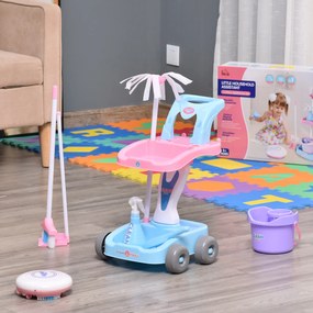 HOMCOM Carrinho de Limpeza para Crianças acima de 3 Anos com Robot Aspirador Elétrico com Luzes e Sons 23 Acessórios Incluídos 42x32x49,5cm Rosa e Azul