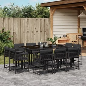 vidaXL 11 pcs conjunto de jantar p/ jardim c/ almofadões vime PE preto