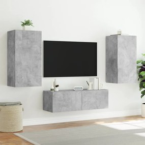 3 pcs móveis de parede para TV com luzes LED cinzento cimento