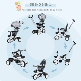 HOMCOM Triciclo para Bebé 2 em 1 Triciclo Evolutivo para Crianças de 1-5 Anos com Capô Dobrável Guiador Telescópico Grade de Proteção Removível e Apoio para os Pés 100x48x106cm Cinza