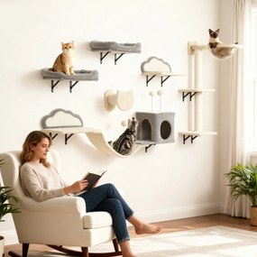 Prateleiras de parede para gatos, conjunto de móveis de parede de 6 peças, rede de bolhas em acrílico, compartimentos abertos, rede e escada bege, cin