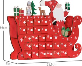 Calendário do Advento de madeira para encher, decoração de Natal com 24 gavetas, Pai Natal e trenó, 22,5 x 8 x 36 cm, vermelho