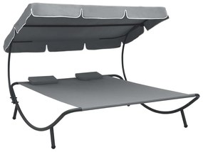 vidaXL Espreguiçadeira com toldo e almofadas cinzento